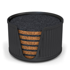 6 Round Cork & Felt Coasters in Antique Style Holder Black