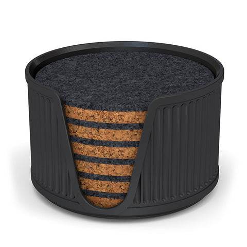 6 Round Cork & Felt Coasters in Antique Style Holder Black