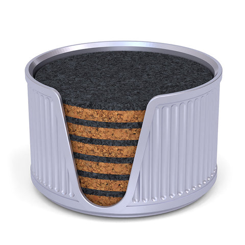 6 Round Cork & Felt Coasters in Antique Style Holder Silk Silver