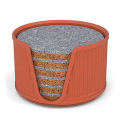 6 Round Cork & Felt Coasters in Antique Style Holder Terracotta