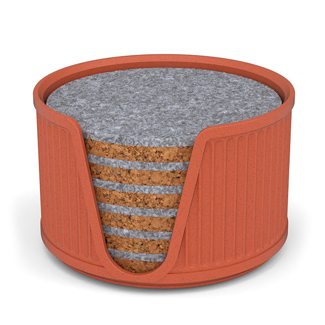 6 Round Cork & Felt Coasters in Antique Style Holder Terracotta