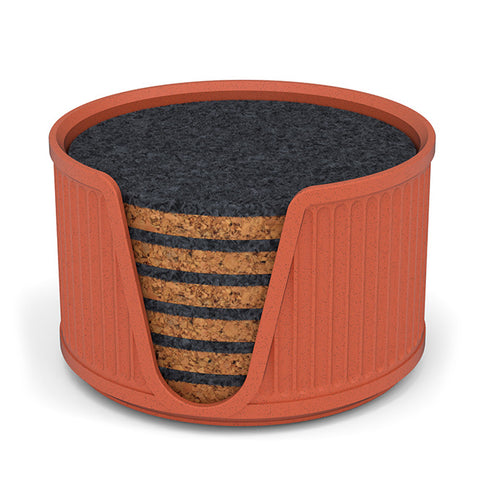 6 Round Cork & Felt Coasters in Antique Style Holder Terracotta