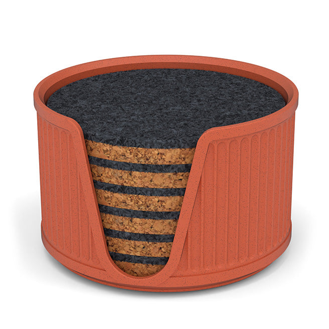 6 Round Cork & Felt Coasters in Antique Style Holder Terracotta