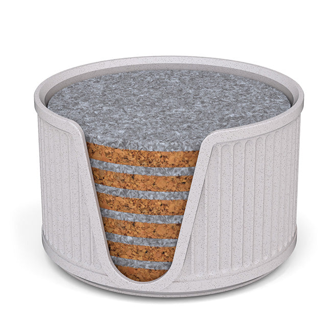 6 Round Cork & Felt Coasters in Antique Style Holder White Marble
