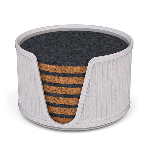 6 Round Cork & Felt Coasters in Antique Style Holder White Marble