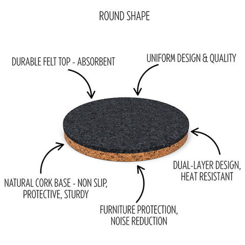6 Round Cork & Felt Coasters in Antique Style Holder Black