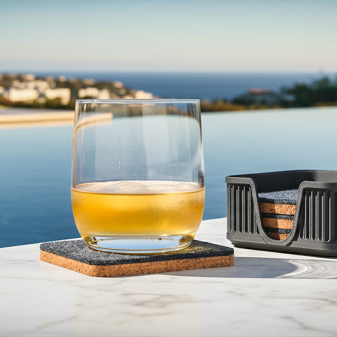6 Square Cork & Felt Coasters in Antique Style Silk Black