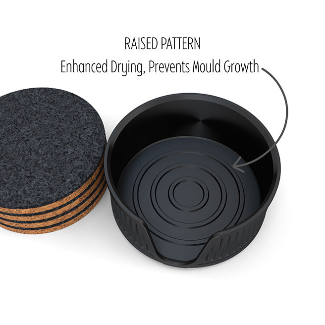 4 Round Cork & Felt Coasters in Antique Style Holder Silk Black
