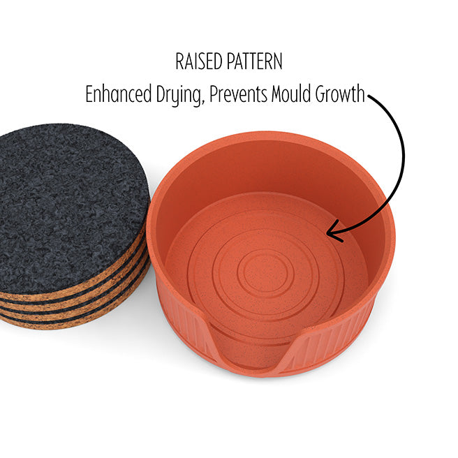 6 Round Cork & Felt Coasters in Antique Style Holder Terracotta