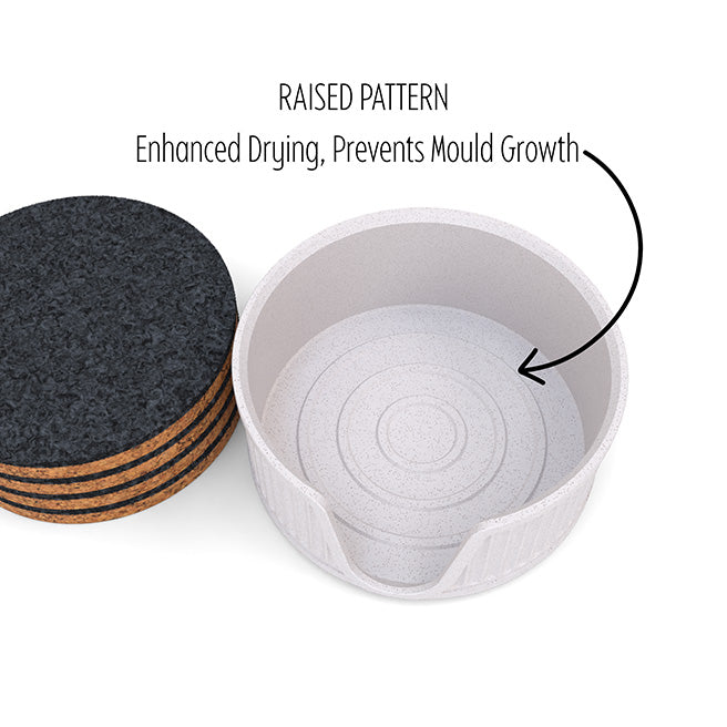 6 Round Cork & Felt Coasters in Antique Style Holder White Marble