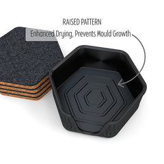 6 Hexagonal Cork & Felt Coasters in Antique Style Holder Black