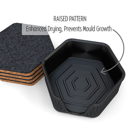 6 Hexagonal Cork & Felt Coasters in Antique Style Holder Black
