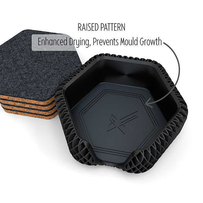 4 Hexagonal Cork & Felt Coasters in Diamond Style Silk Black