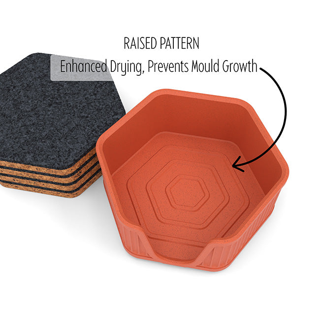 6 Hexagonal Cork & Felt Coasters in Antique Style Holder Terracotta
