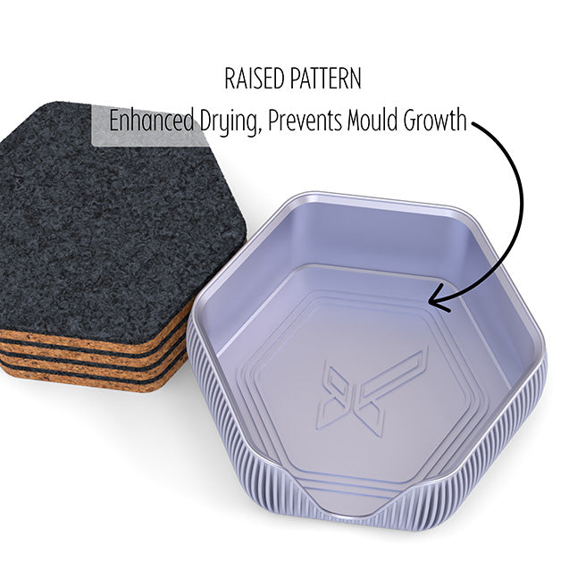 6 Hexagonal Cork & Felt Coasters in Contemporary Line Style Silk Silver