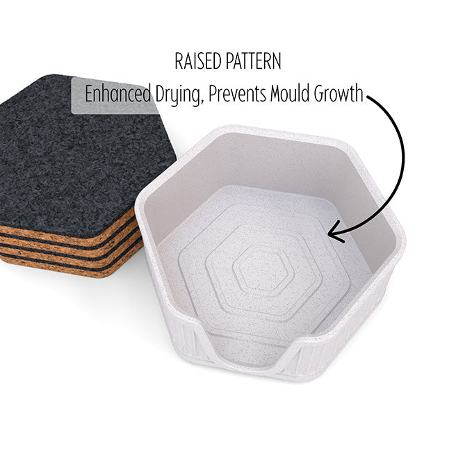 6 Hexagonal Cork & Felt Coasters in Antique Style Holder White Marble