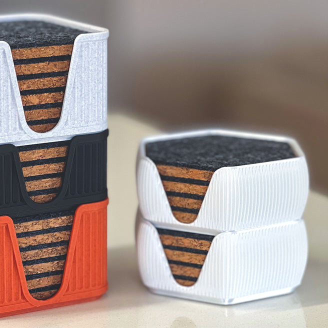6 Hexagonal Cork & Felt Coasters in Ripple Style Silk Silver